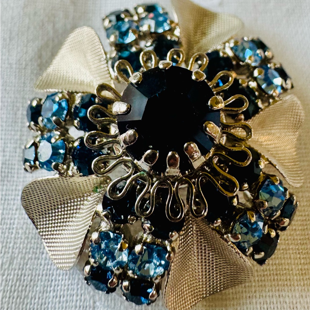 Elegant Blue Crystal Floral Brooch - Austrian Marked